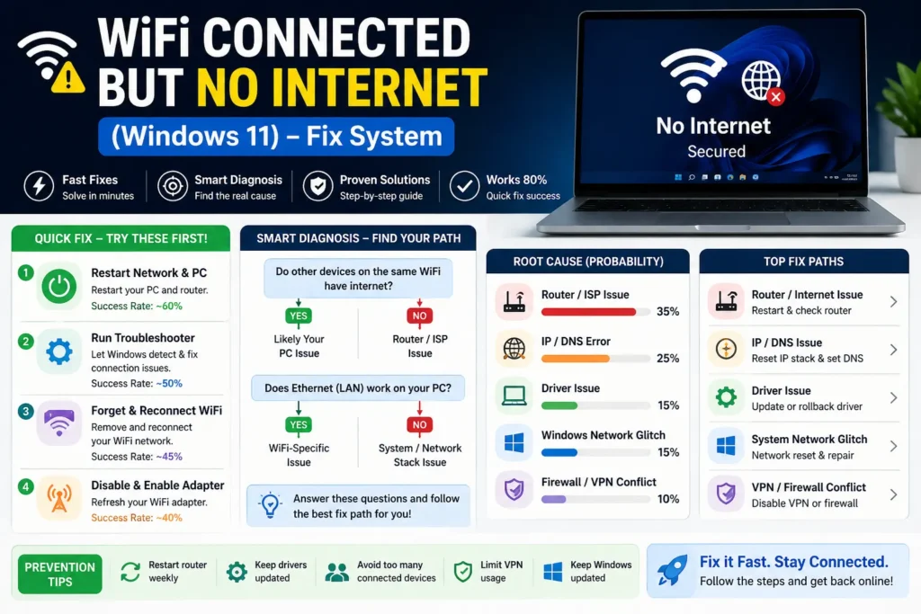 wifi connected but no internet windows 11